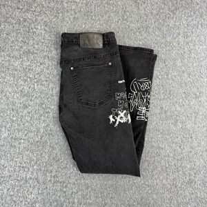Y&R Black Graphic Jeans Punk Goth Streetwear Denim Size 36